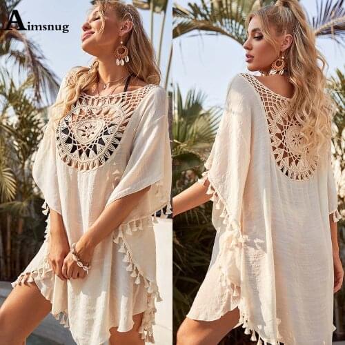2021 Women Cover Up Latest Summer Beach Dresses Loose Swimwear Half Sleeve Hollow Out Tassels Cover-up Dress Sexy Femme Clothes