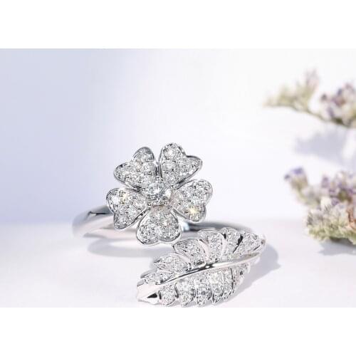 New Fashion Korean Style Exquisite Flower 925 Sterling Silver Jewelry Personality Leaf Crystal Temperament Open Ring