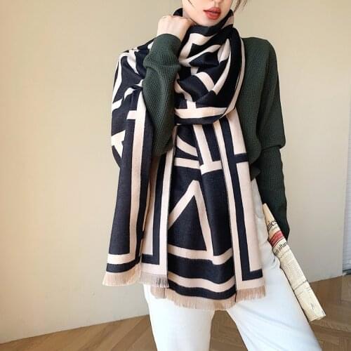 KOI LEAPING European and American style Winter new wild scarf female stripe cashmere double-sided warm shawl scarf