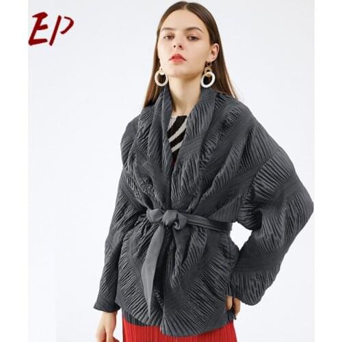 EP 2021 New Arrival Spring Women Coat Female Cotton Clothing Minority Unique Pleated Open Collar Loose Tie Joker Show Thin Warm