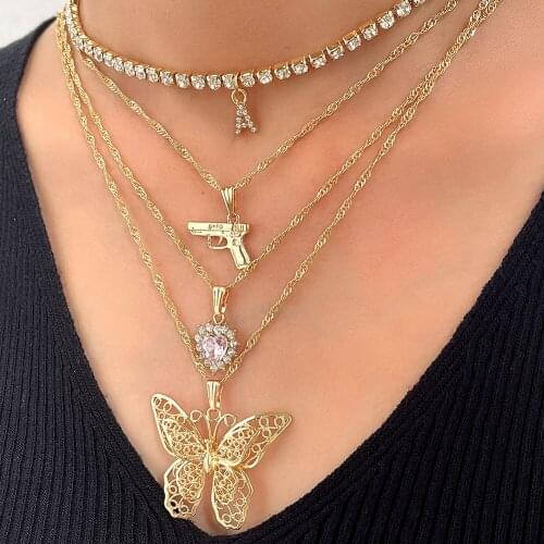 Bohemia Hollow Layered Butterfly Heart Clavicle Chain Necklace Set Multilayered Crystal Letter Tennis Choker Necklaces For Women