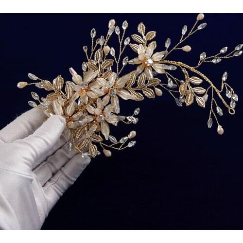 Fashion Flower Pearls Gold Brides Hairbands Crystal Soft Headbands Bridal Flower Hair Accessories Crystal Headpieces