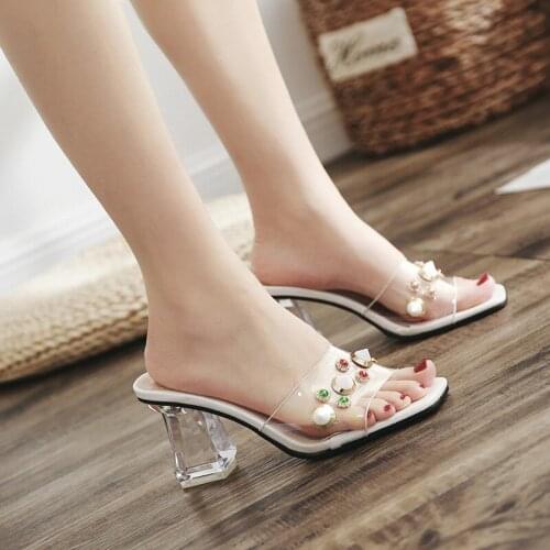 European colorful rhinestone pumps women slides shoes transparent slip-on princess sandals clear crystal high heel girl slippers