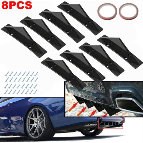 8pcs Universal Fit Gloss Black Shark Fins Style Lower Rear Car Bumper Spoiler Wing Lip Diffuser Splitter Modified Kit Decoration