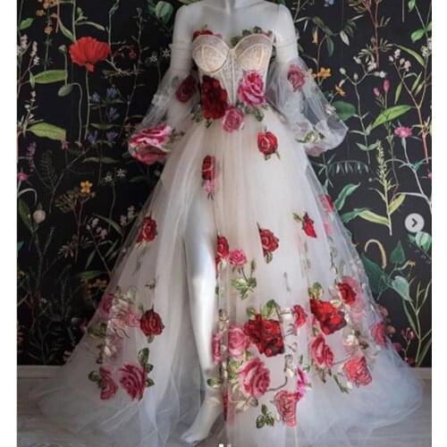 Embroidery prom dresses 2021 sweetheart neckline long sleeve side slit a line long evening dresses