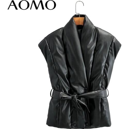 AOMO Women Black Faux Leather Parkas Jacket with Slash Sleeveless Loose Oversize Coat AM34A