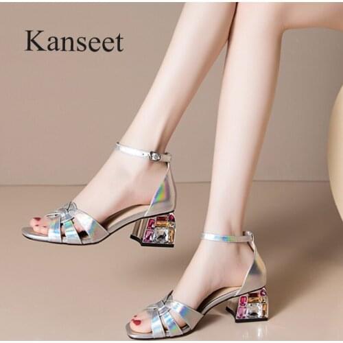 Kanseet Silver Black Patent Leather Womens Shoes Summer Square Toe Diamond High Heels Women Sandals Buckle Strap Plus Size 42