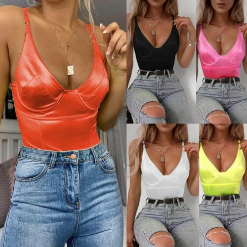 Women Sexy Deep V neck Sleeveless Bodysuit Summer Stretch Leotard Tops Skinny Solid Bodysuit Jumpsuit Yellow Rose Red