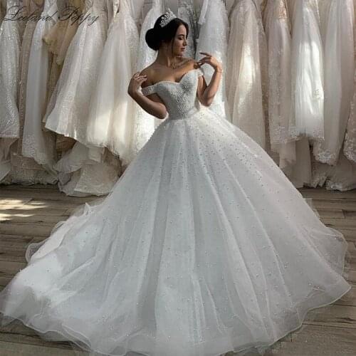 Lceland Poppy Pearls Beaded Ball Gown Wedding Dresses Plus Size Off the Shoulder Floor Length Vestido de Novia Bridal Gowns