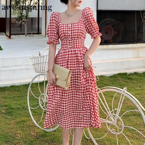 Awe-inspiring Women Dress Korean Retro Square Neck Plaid Waist Puff Sleeve Long Fishtail Dress Vintage Vestido Pink black Dress