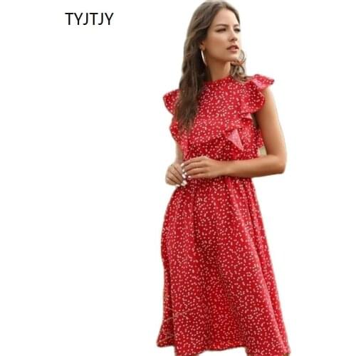 2021 New Summer Dot Print Dress Women Casual Butterfly Sleeve Ruffles Medium Long Chiffon Dress