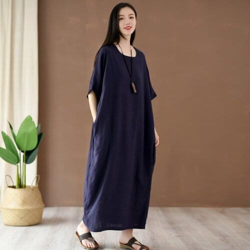 Johnature Vintage Loose Summer Dress Solid Color Batwing Sleeve O-neck Maxi Dress Pockets 2021 New Clothes Women Dress