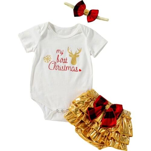 My First Christmas Newborn Baby Girl Short Sleeve Cotton Bodysuit Tops Ruffles Bow Bloomers Shorts Headband 3PCS Xams Clothes