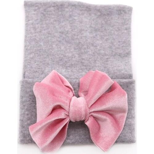 Big Velvet Bow Hospital hats For Newborn Baby Girls Boys Soft Cotton Knit Beanies hats White Solid Hats For Kids Children hat