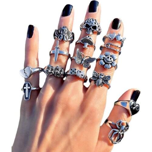 Hip Hop Exaggerated Silver Color Finger Rings Wholesale Jewelry Fashion Stylish New Skull Heart Flower Angel Rings for Women