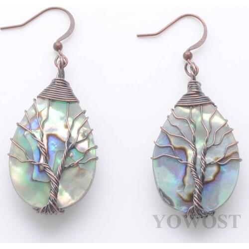 Elegant Dangle Earrings for Women Jewelry Gifts Tree of Life Teardrop Ancient Copper Wrap Wire Abalone Shell Earring QR3481