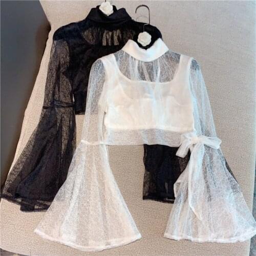 Short Lace Shirt Women New Retro Elegant Stand Collar Large Bell Sleeve Gauzy Lace Shirt Blouse Lady Chic Top White Black