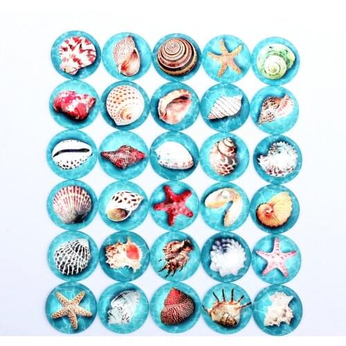From 8mm to 30mm Random Mixed Round Marine Life Cabochons Pattern Glass Flatback Photo Base DIY Making Accessories Paired K06271