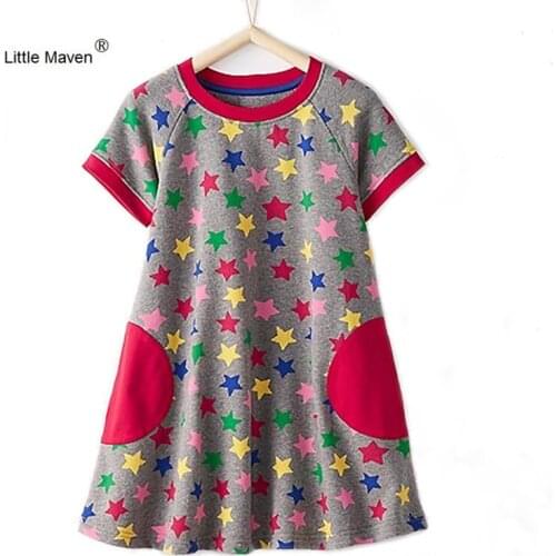 Little Maven 1-6 Years Girls Short Sleeve Summer Dress 100% Cotton Casual Dresses Five-pointed star Print Childrens Clothing