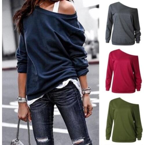 Fashion Style One Shouder Casual Soft Long Sleeve Shirt Women Cotton Tops Off The Shoulder Blouse Plus Size Full Solid