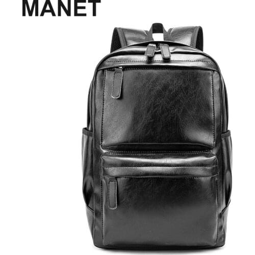 MANET Travel Backpack for Men Korean Men Shoulder Bag Large-capacity Black Backpack Soft PU Leather Handbag Laptop Computer Bags