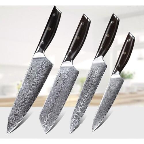 TURWHO 4 pcs Best kitchen knife set Japanese damascus steel Pro Chef Santoku bread Utility knife with Sandalwood handle Handle