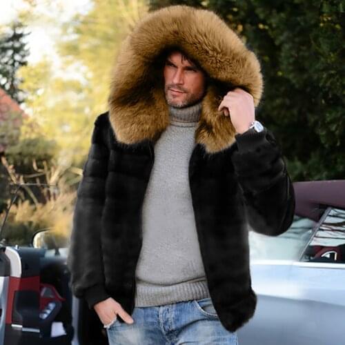 2021 New Luxury Men Black Hooded Faux Fur Coat Autumn Winter Outdoor Thick Warm Overcoat Fashion Casual Slim Hoodie Outerwear