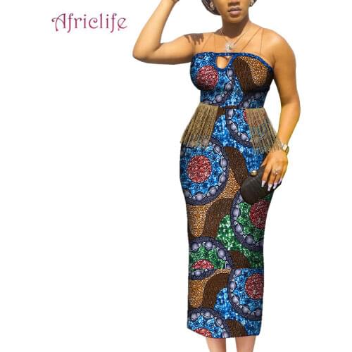New African Dress For Women With Gliter Belt And Tassel Decoration Skirt Sleeveless Elegant Lady Party Clothes Plus Size WY9205