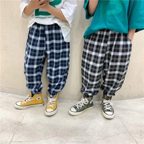 Autumn thin loose plaid casual trousers unisex all-match ankle-tied pants 2-7 years boys and girls bottoms