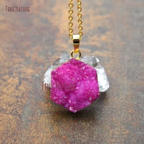 Hexagonal Geometric Shape Single Bail Pendants Pure Gold Electroplated Link Chains Druzy Crystal Necklace In 18 inch NM11226