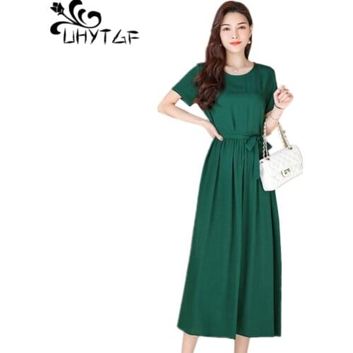 UHYTGF Summer Dress Women O Neck Short Sleeve Cotton Silk Pullover Casual Female Dress Elegant Mother 5XL Plus Size Dresses 1665