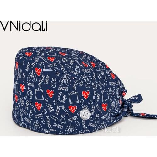 Tie Back Working Hat Cotton Printing Clearance Pattern Scrub hat with buttons Washable Sweatband Beautician Dust Proof Scrub Cap