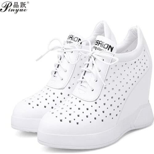 Platform Wedges Walking Pumps Shoes Summer Vulcanized Shoes Women Genuine Leather High Heel Fashion Sneakers Female Round Toe