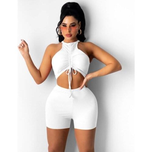 Biker Shorts 2 Piece Set Shirring Strapless Sleeveless Crop Top High Waist Shorts Women Summer Outfits For Women 2021