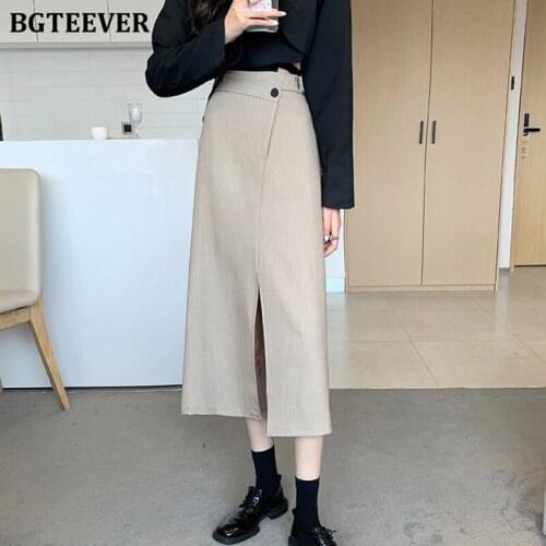 BGTEEVER Fashion Chic Inclined Button Ladies Solid Long Skirts 2021 Autumn Casual High Waist Front Split Female A-line Skirts