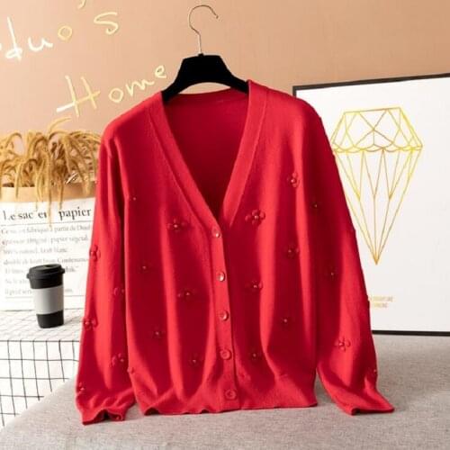 Jacquard Knit Women Cardigan Korean Fashion Beading Floral Women Knit Jumper Top Single Breasted Retro Cardigan Mujer