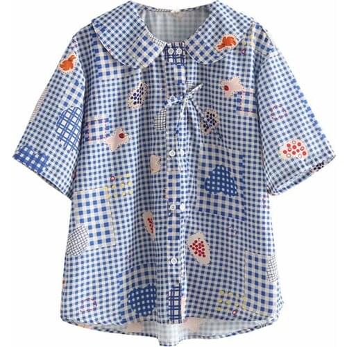 Blue Women Blouse And Tops Cartoon Print Plaid Blouse 2021 Summer Short Sleeve Peter Pan Collar Double Breasted Cotton Shirt