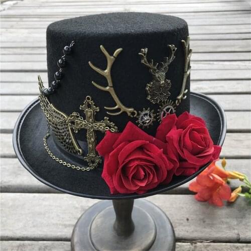 New Fashion Women Handmade Steampunk Top Hat With Flowers Stage Magic Hat Party Hat Size 57CM Steampunk Hat