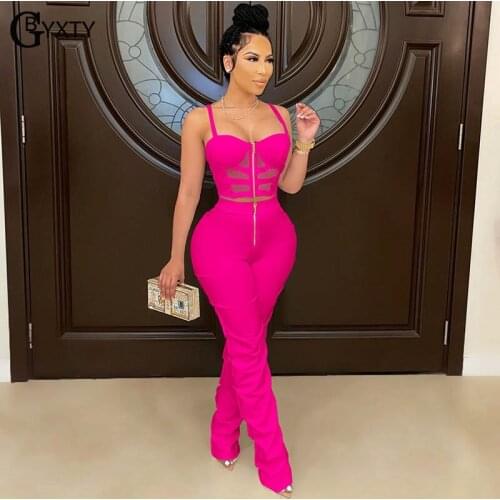 GBYXTY Front Zipper Stacked Pants Tracksuit Women Summer Strapless Crop Tops and Flare Pants 2 Piece Set Sport Outfits ZL1269