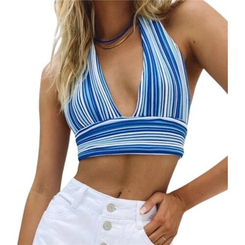 V Neck Bandage Crop Top Knitted Women Sexy 2021 Summer Blue Backless Sleeveless Casual Y2K Off Shoulder Tank Tops Party