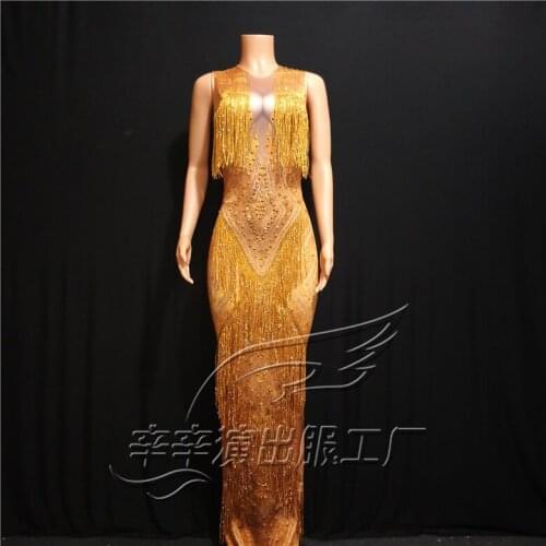 Women New Gold Rhinestones Fringes Dress Stage Wear Elastic Sexy Tassel Dresses Singer Evening Performance Tassel Long Dress
