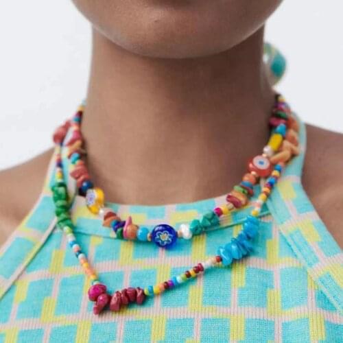 Za Exaggerated Bohemian Handmade Beaded Necklace for Woman 2021 New Double-layer Splicing Stone Clavicle Chain