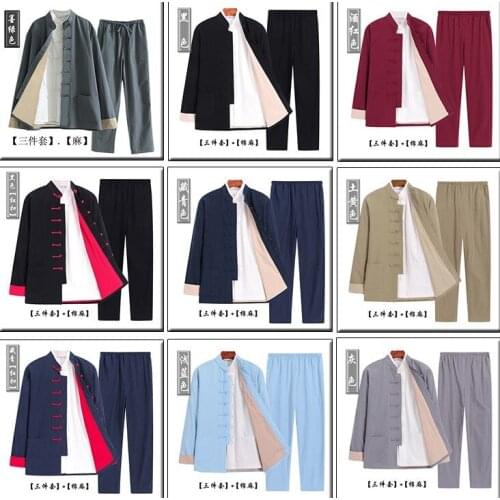 3pcs/set High quality cotton&linen Spring&Autumn men tang suit zen hanfu tai chi uniforms lay wing chun kung fu clothing