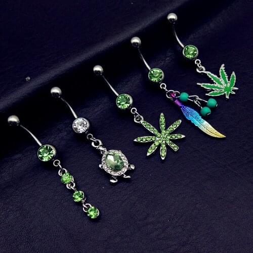 5pcs 2019 mix style green pot leaf feather tortoise bead dangle navel belly bar button rings body piercing jewelry cheap