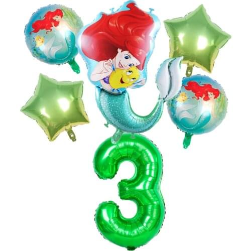 6pcs mermaid Ariel cartoon disney princess foil balloons 32Inch Number baby girl boy air baloes birthday party decor kids toys