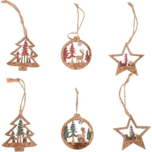 6Pcs Christmas Tree Three-dimensional Hollow Elk Pendant Christmas Color Wooden Round Six-piece Hanging Ornaments