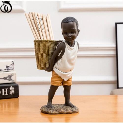 African Ornaments Retro Boy Resin Crafts Animal Figurine Pencil Vase Home Decoration Accessories Storage Box R1034