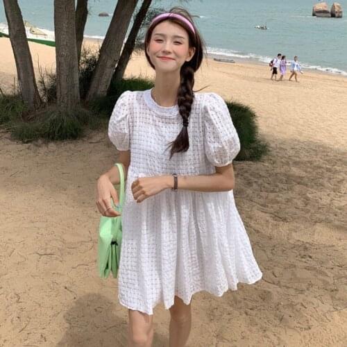 French Round Neck White Bubble Short-sleeved Dress Female Summer New Korean Style High-waist Short Skirt