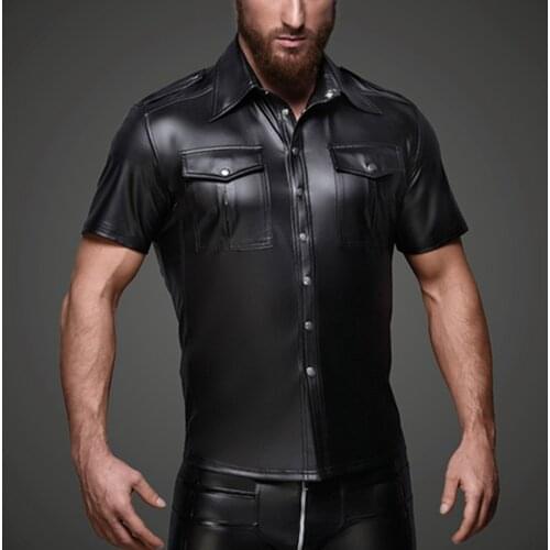 Men Sexy Wetlook Latex Button T-Shirts Soft Faux PU Leather Shirt Tops Clubwear Fetish Punk Lingerie bodysuit Shirts