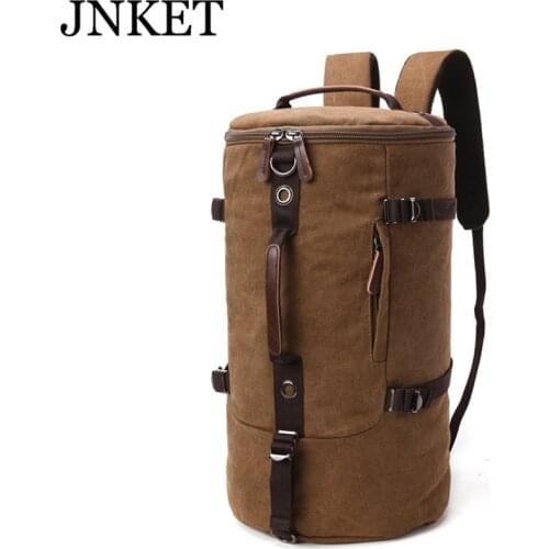 JNKET New Large Capacity Canvas Round Bucket Shoulder Bag Canvas Portable Travel Sport Bag Male Mountaineering Hiking Rucksack